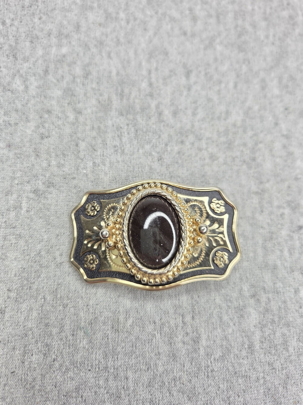 Vintage 1970s Womens Western Gold Tone Black Agate Cabochon Belt Buckle Floral
